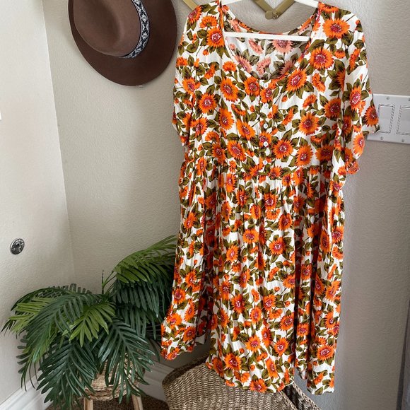 SHEIN Dresses & Skirts - SHEIN Orange Daisy Floral Print Button Babydoll Dress Short Sleeve Retro Cottage